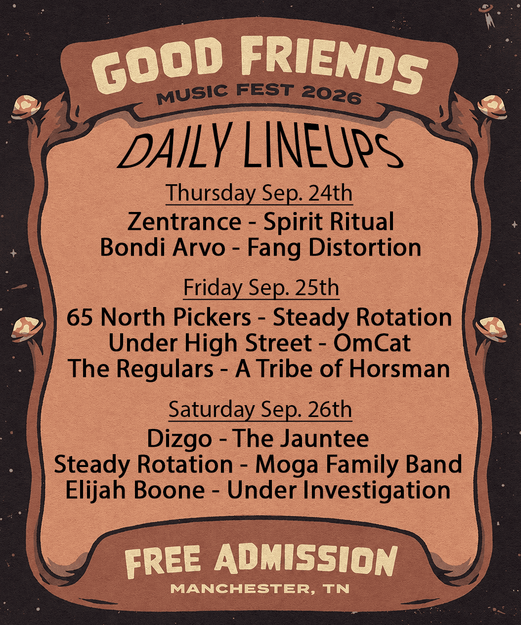 Good Friends Music Fest 2026 daily lineup showing which artists perform each day, September 24-26, 2026 in Manchester, Tennessee.