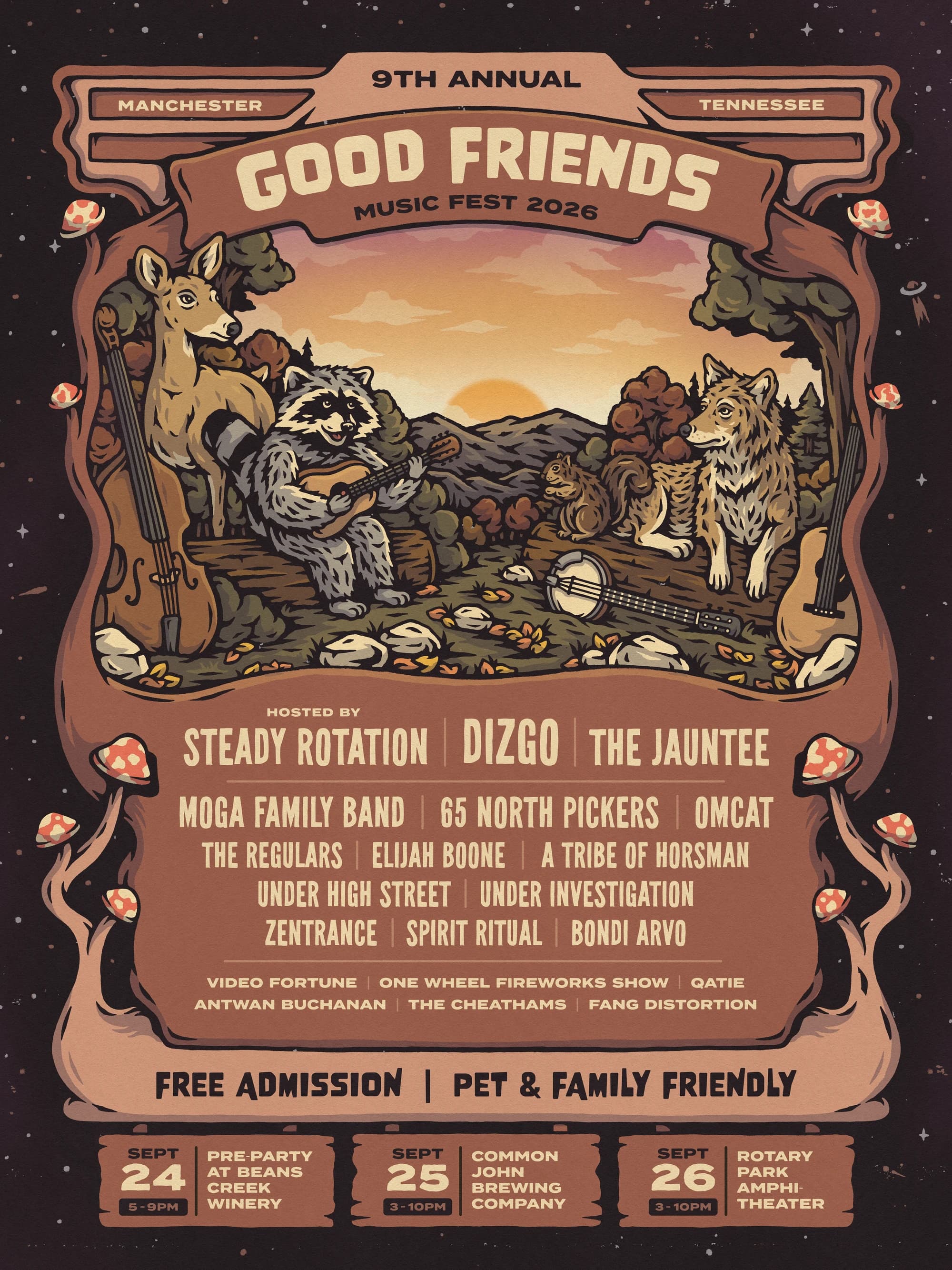 Good Friends Music Fest 2026 official lineup poster listing all performing artists, September 24-26, 2026 in Manchester, Tennessee. Free admission.