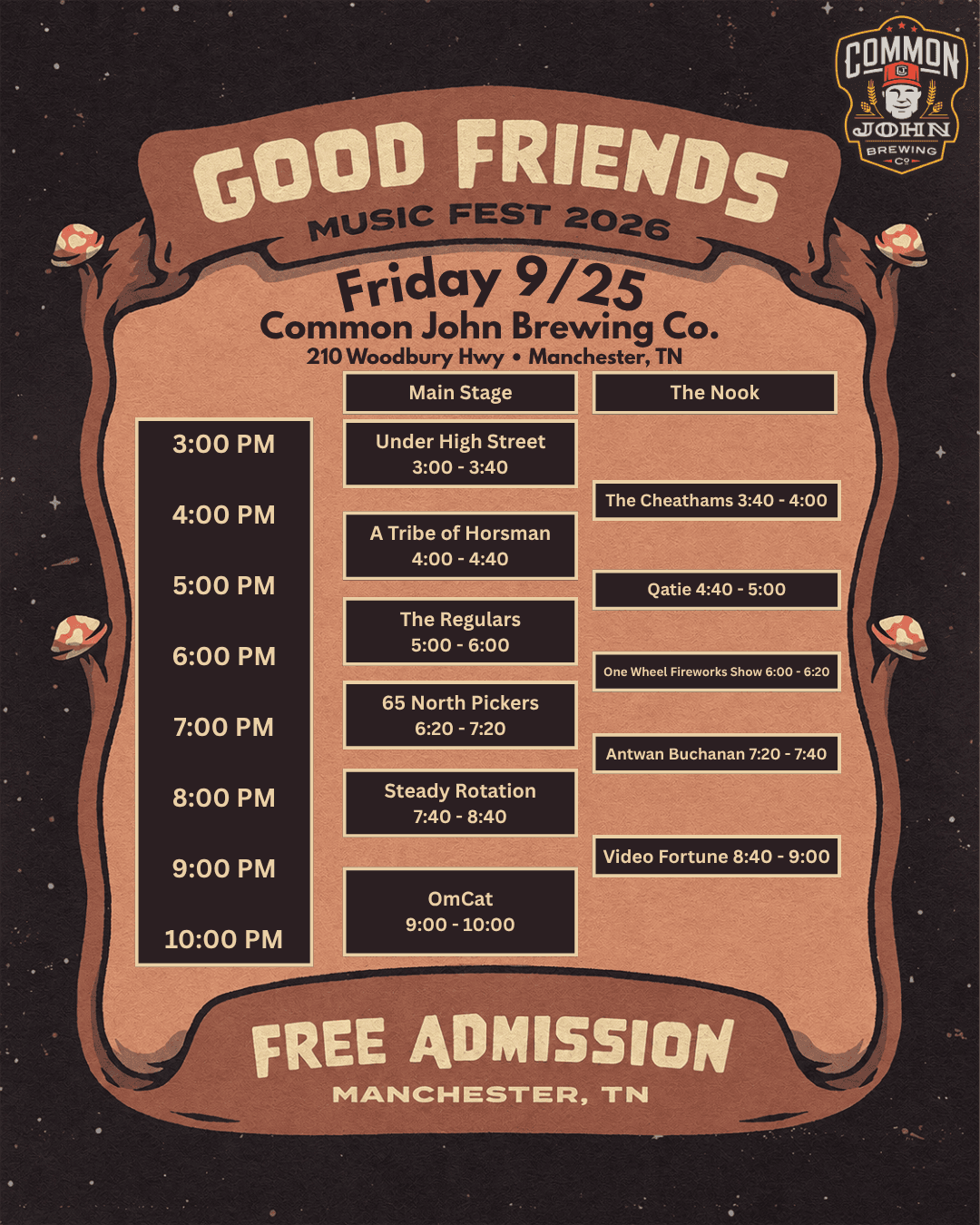 Good Friends Music Fest 2026 schedule for Friday, September 25, listing each artist and set time.