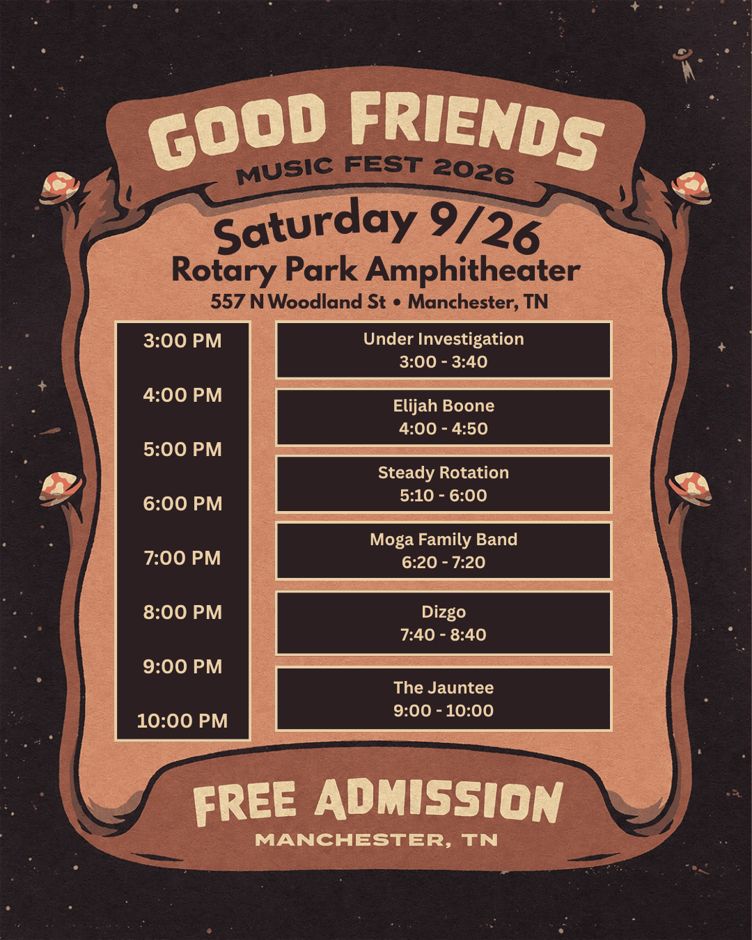 Good Friends Music Fest 2026 schedule for Saturday, September 26, listing each artist and set time.