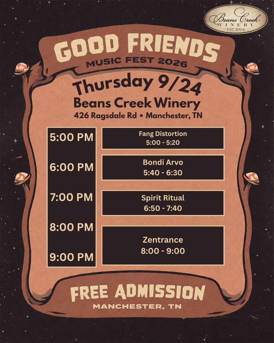 Good Friends Music Fest 2026 schedule for Thursday, September 24, listing each artist and set time.